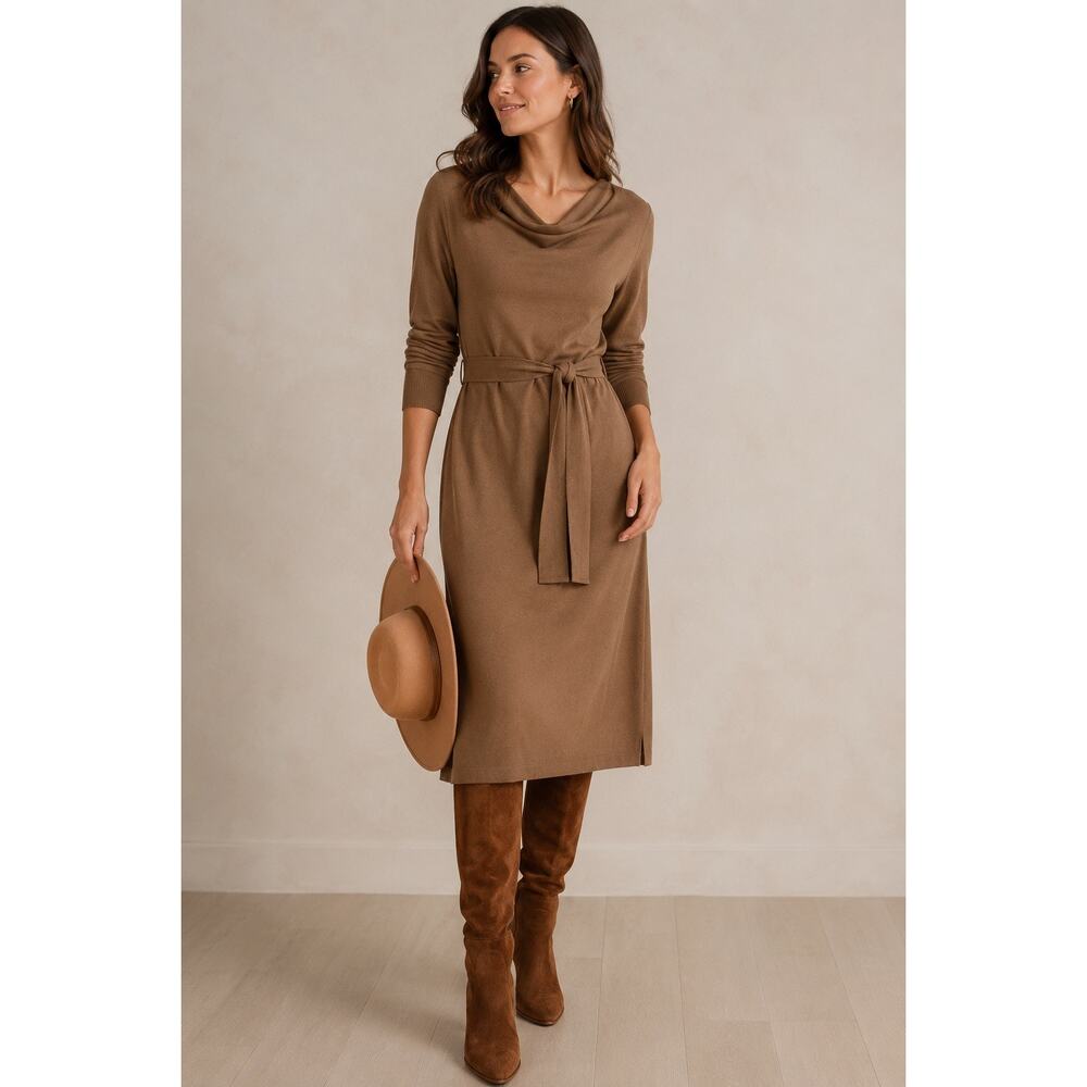Soft Surroundings Paula Cocoa Brown Belted Sweater Knit Midi Dress PXS
